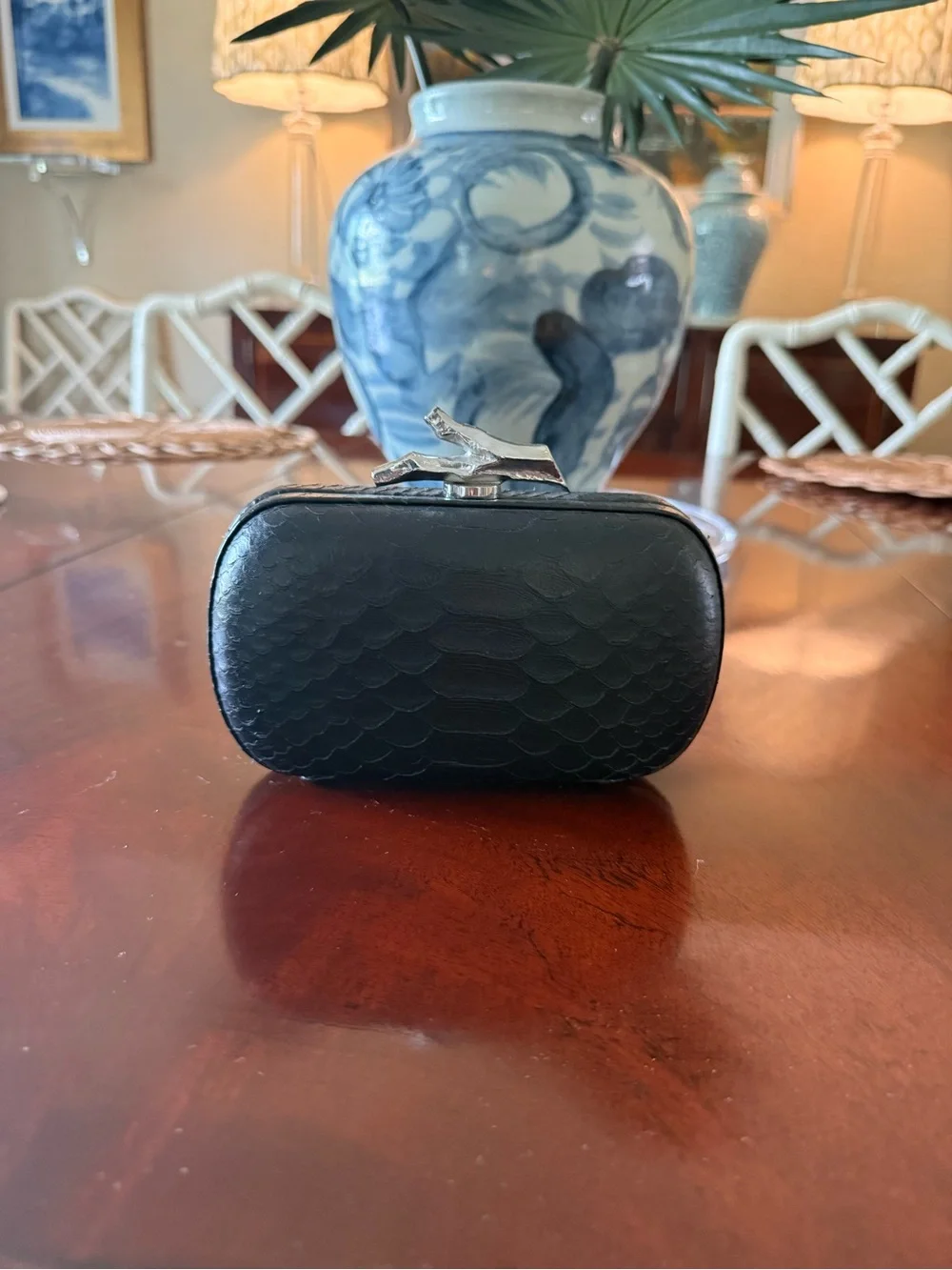 DVF Black Textured Evening Clutch with Silver Chain